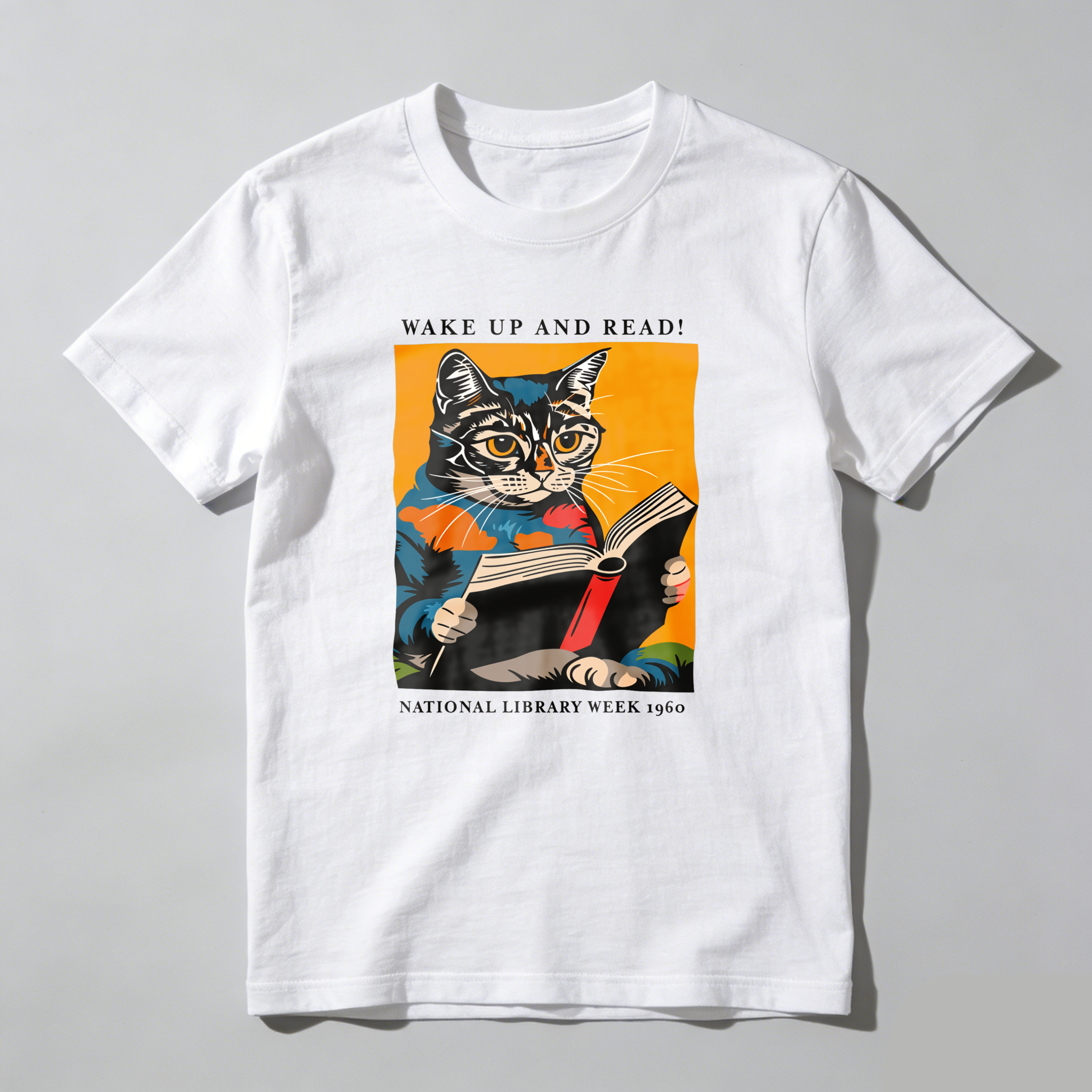 Wardrobecart Cat Reading Book With Text Wake Up And Read National Library Week 1960 Tshirt 100% cotton
