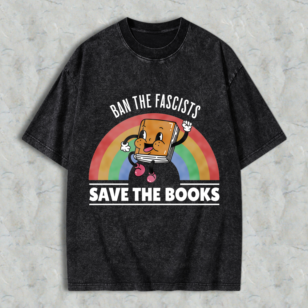 Wardrobecart Ban The Fascists Save The Books Book Character Rainbow Design Unisex Washed T-shirt