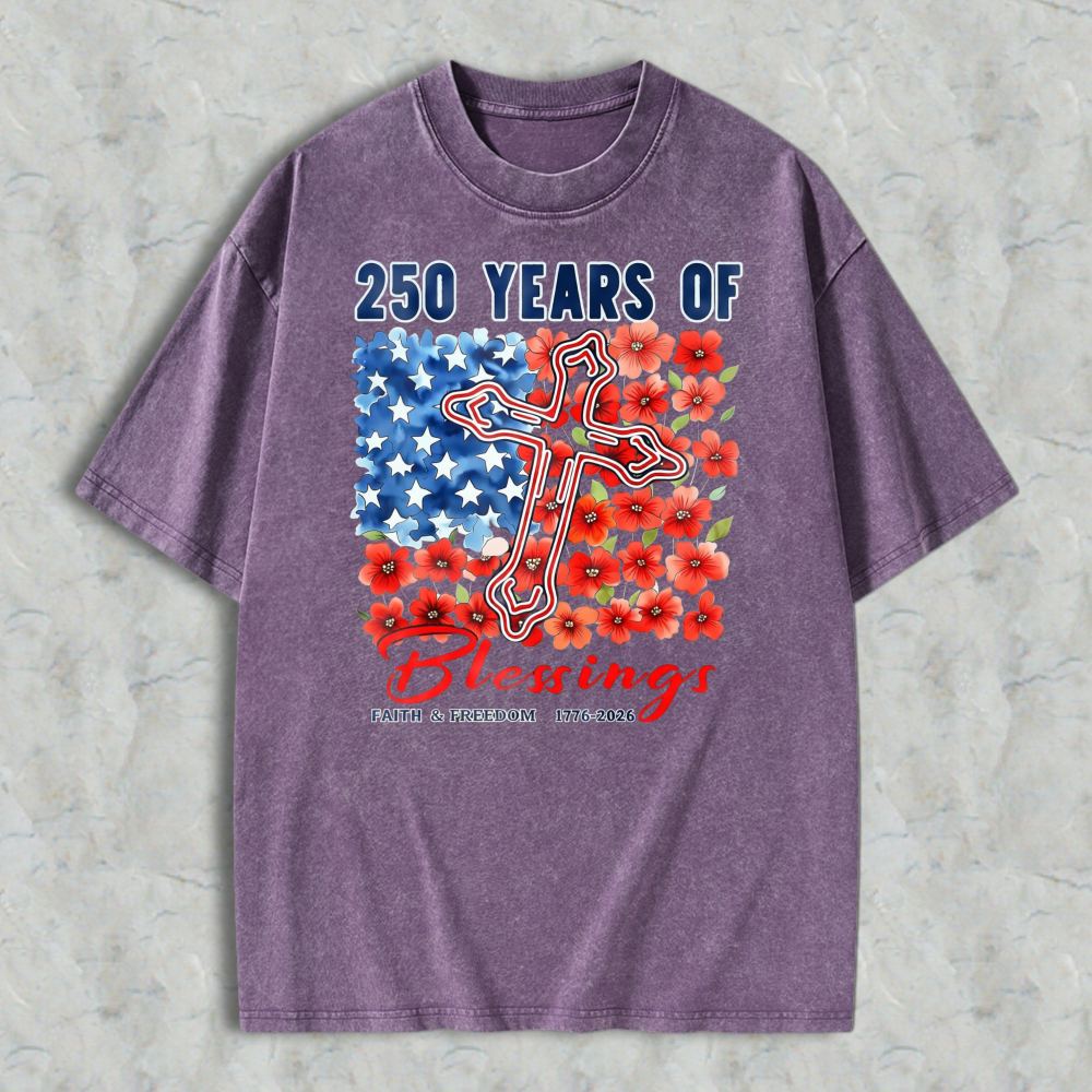 250 Years Of Blessings American Flag Cross And Flowers Washed T-shirt