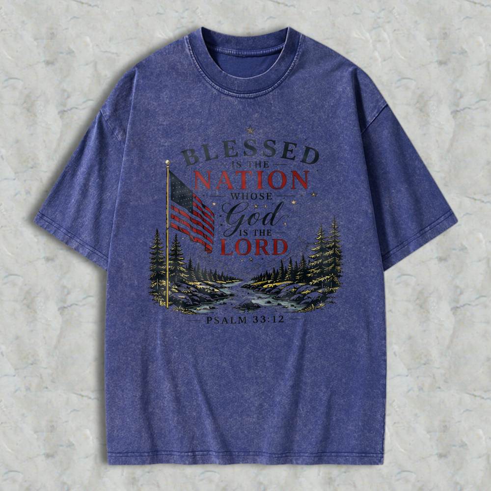 Blessed Is The Nation Whose God Is The Lord Psalm 3312 American Flag Mountain Landscape Washed T-shirt
