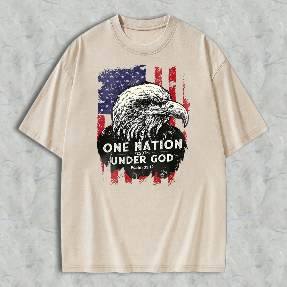 Eagle And American Flag With One Nation Under God Text Washed T-shirt