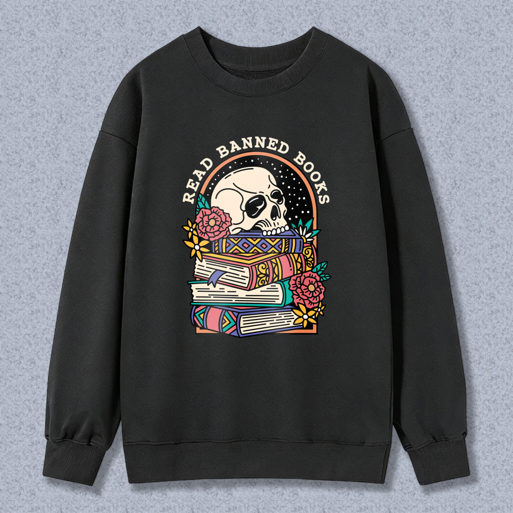 Wardrobecart Skull And Books With Flowers Pattern Unisex Classic Sweatshirt
