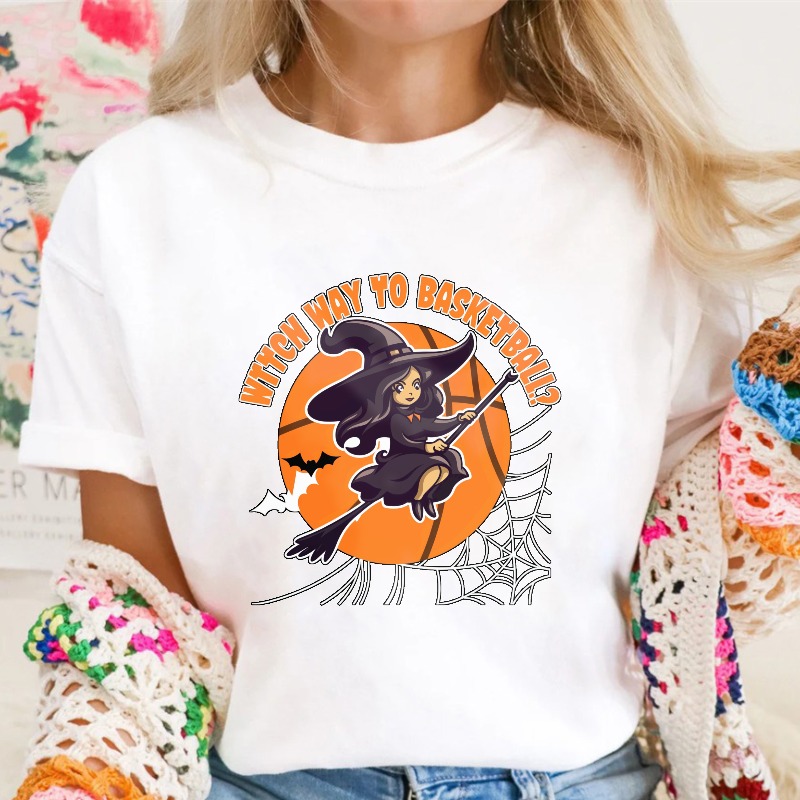Witch Way To Basketball Halloween Witch Flying On Broomstick Over Orange Moon With Spiderweb And Bats Unisex Classic T-shirt