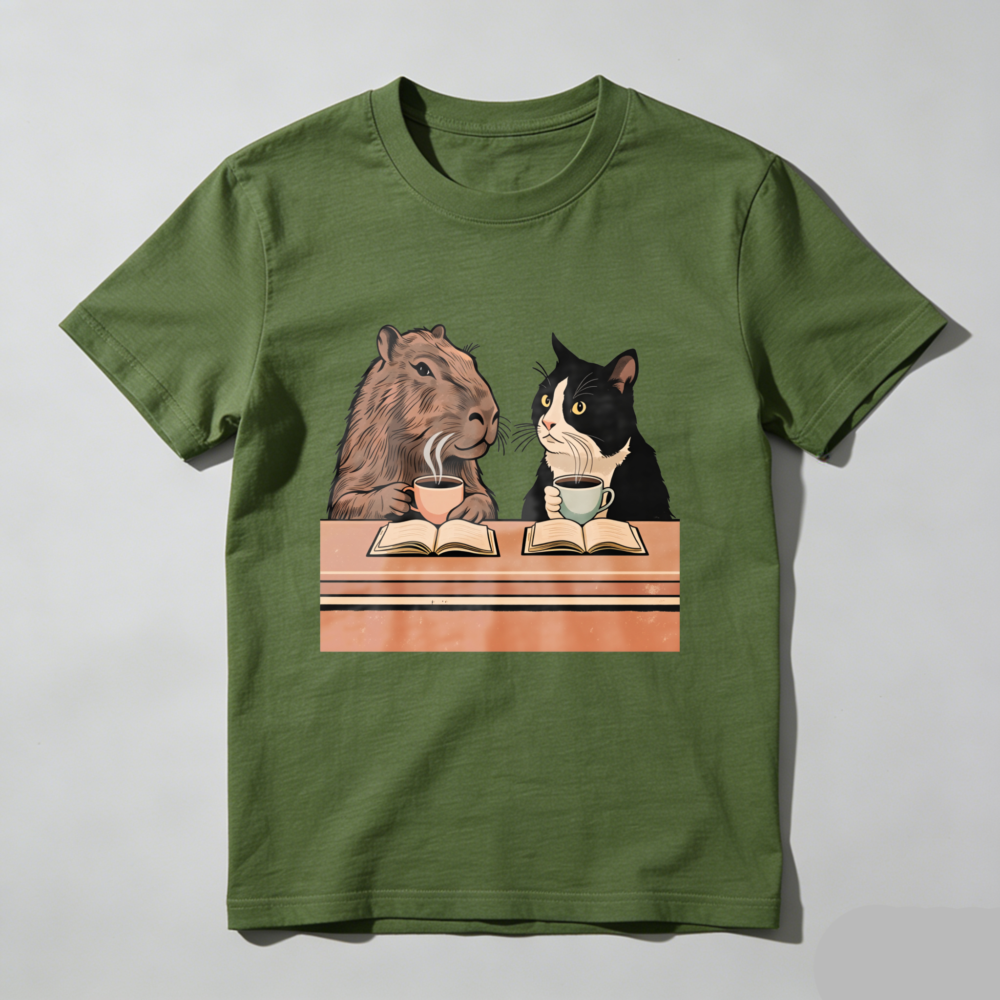 Wardrobecart Capybara And Cat Reading Books With Tea Tshirt