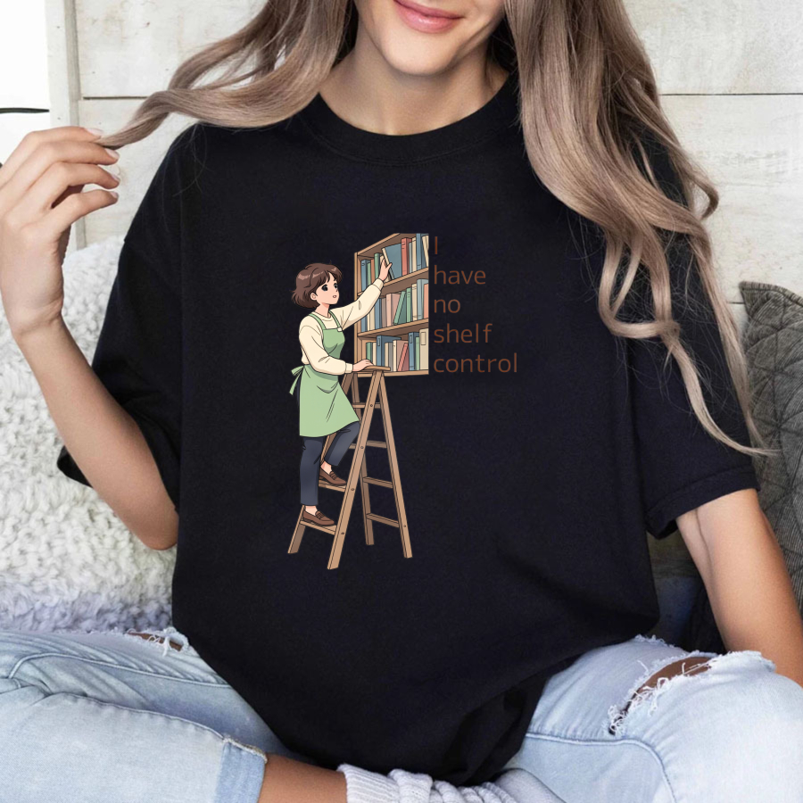 Wardrobecart Woman On Ladder Reaching Bookshelf With Text I Have No Shelf Control Unisex Classic T-shirt