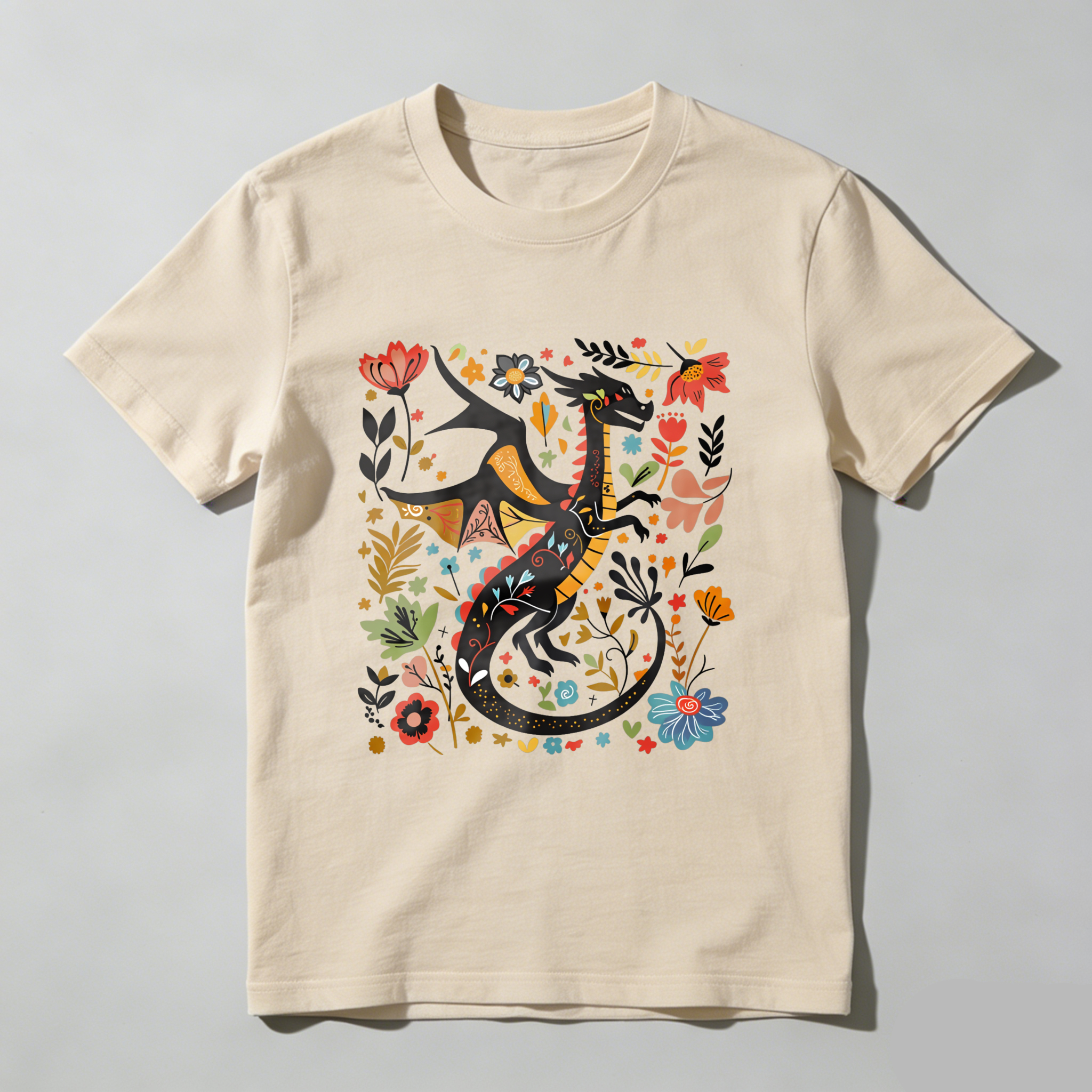 Wardrobecart Colorful Dragon Floral Pattern Design Tshirt