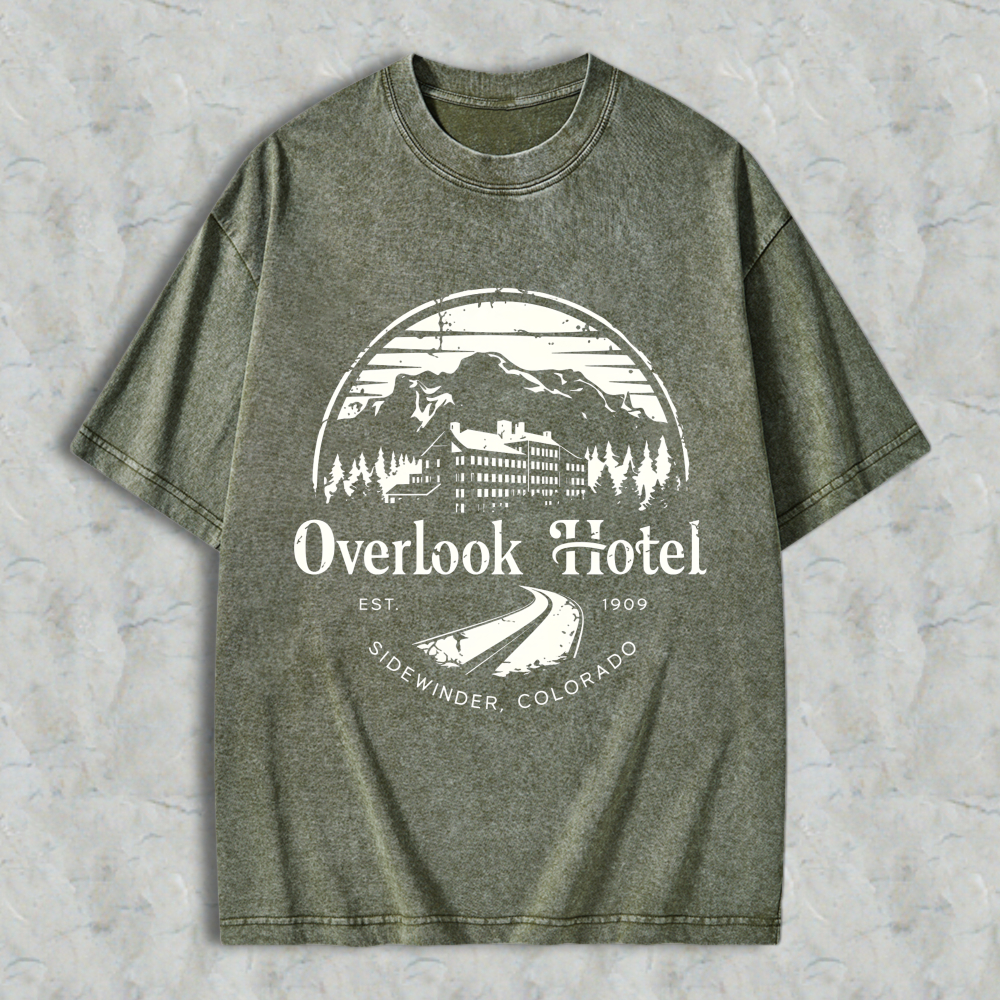 Wardrobecart Overlook Hotel Mountain Scene With Trees And Building Design Unisex Washed T-shirt