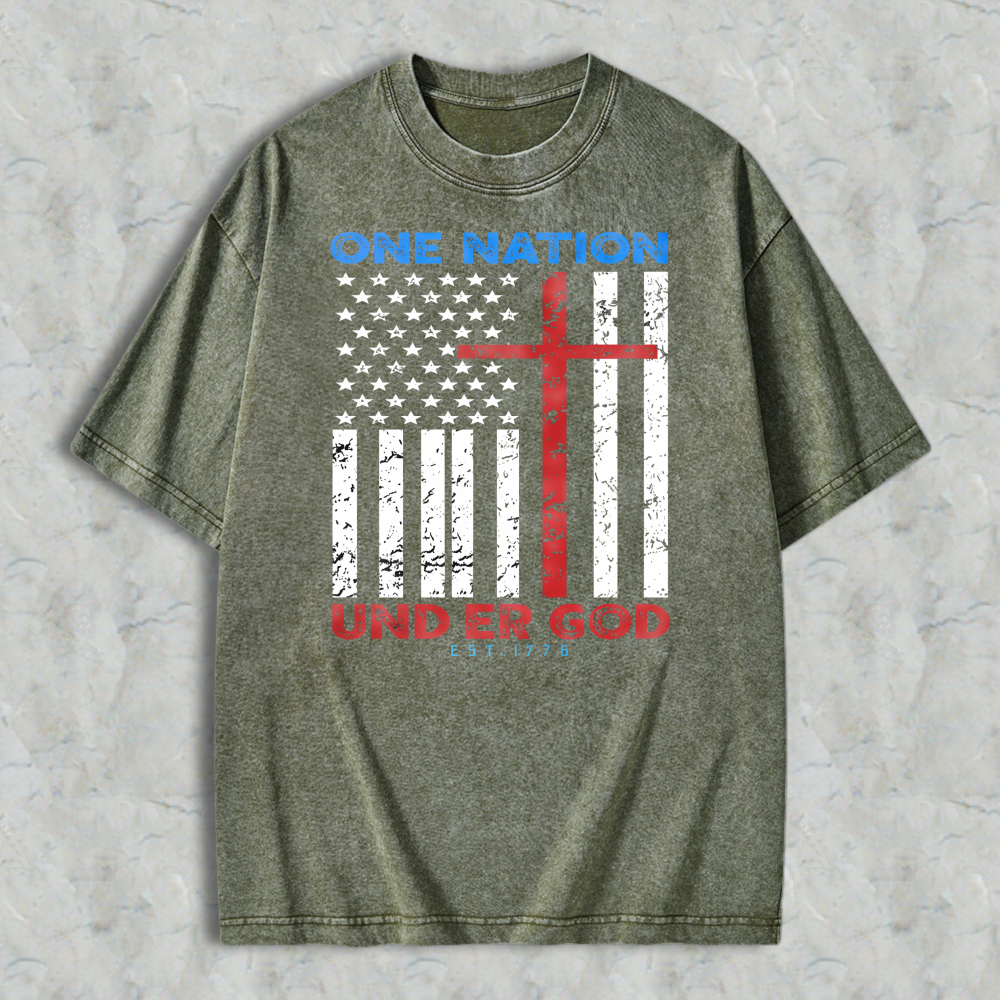 One Nation Under God American Flag With Cross Washed T-shirt