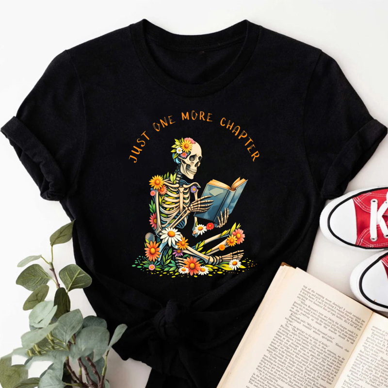 Wardrobecart Skeleton Reading Book With Flowers Tshirt