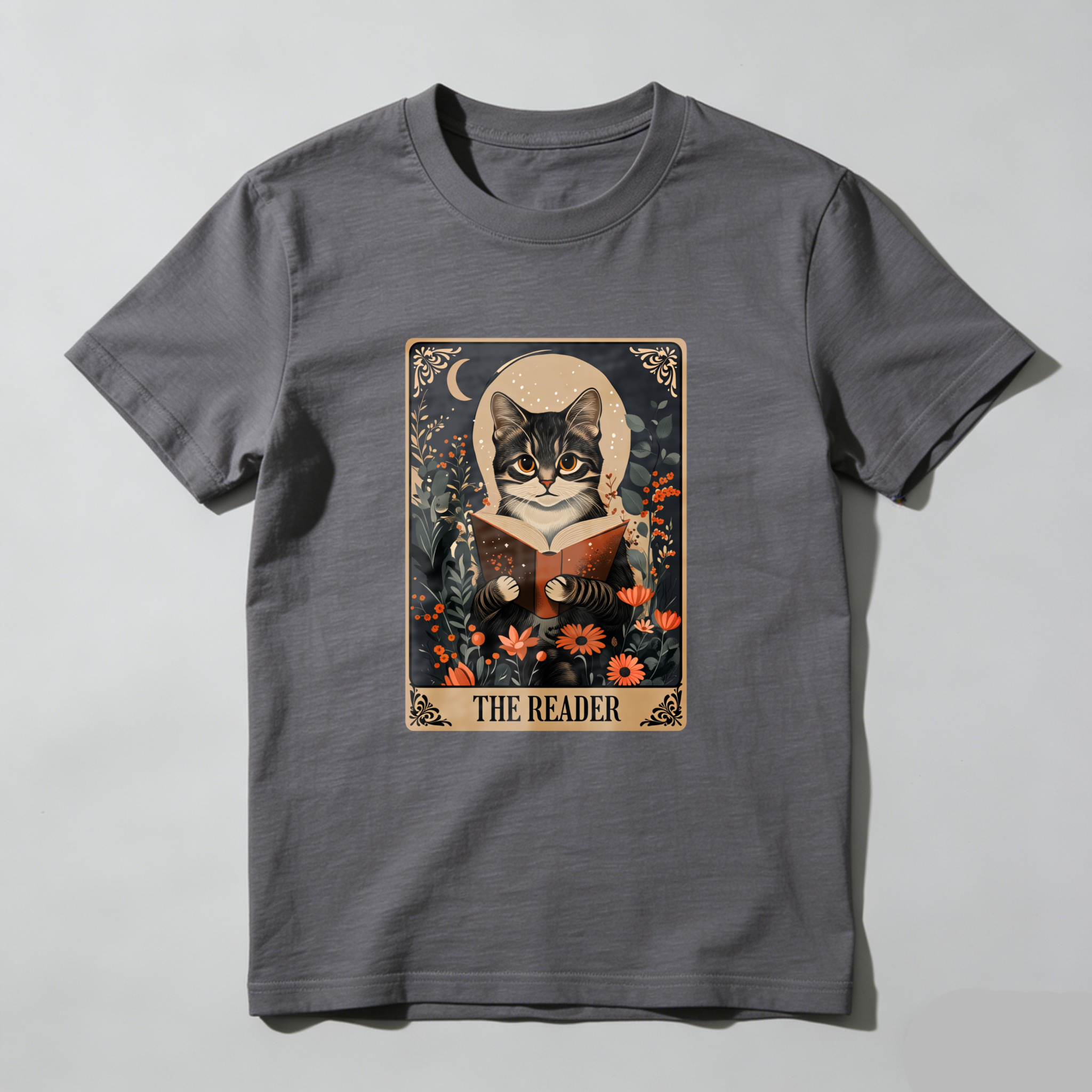 Wardrobecart Cat Reading Book Floral Moon Design Tshirt