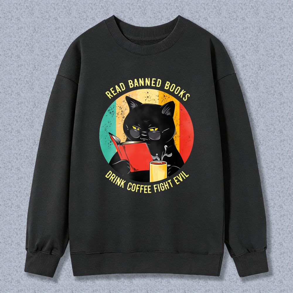 Wardrobecart Black Cat Reading Book With Coffee And Banned Books Text Unisex Classic Sweatshirt