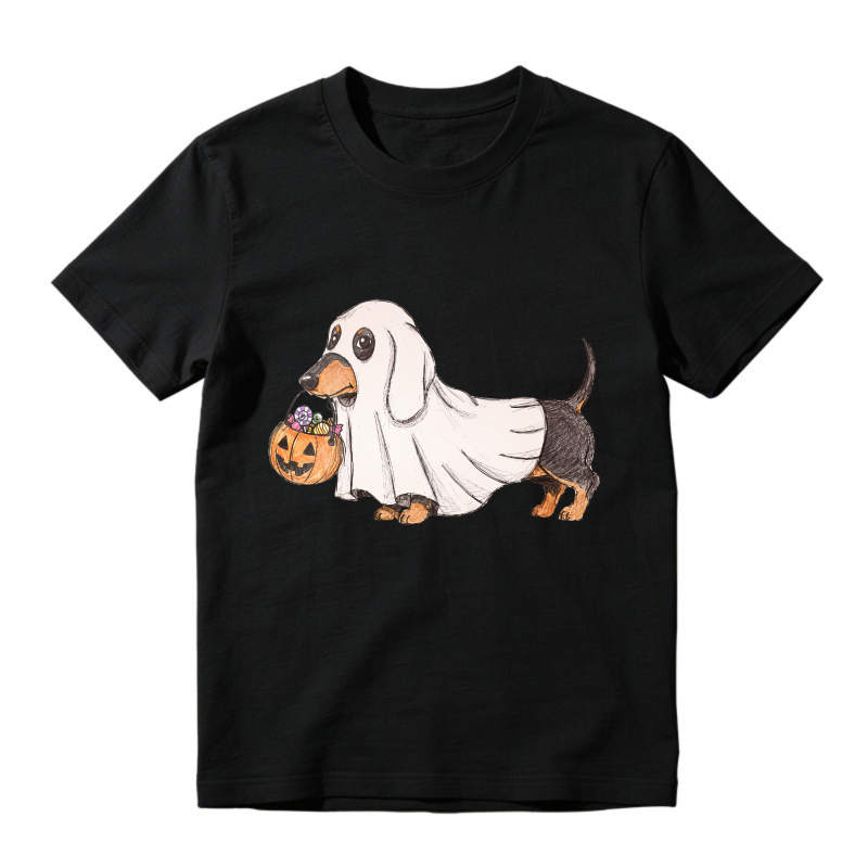 Cute Dachshund In Ghost Costume Holding Pumpkin Basket, Unisex Classic T-shirt