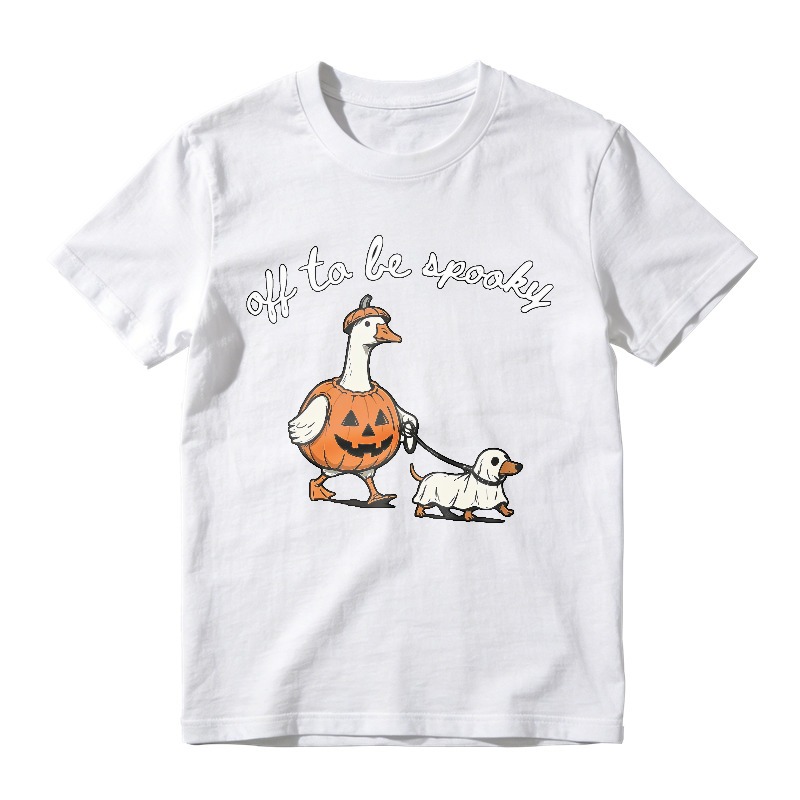 Duck In Pumpkin Costume Walking Dog Off To Be Spooky, Unisex Classic T-shirt