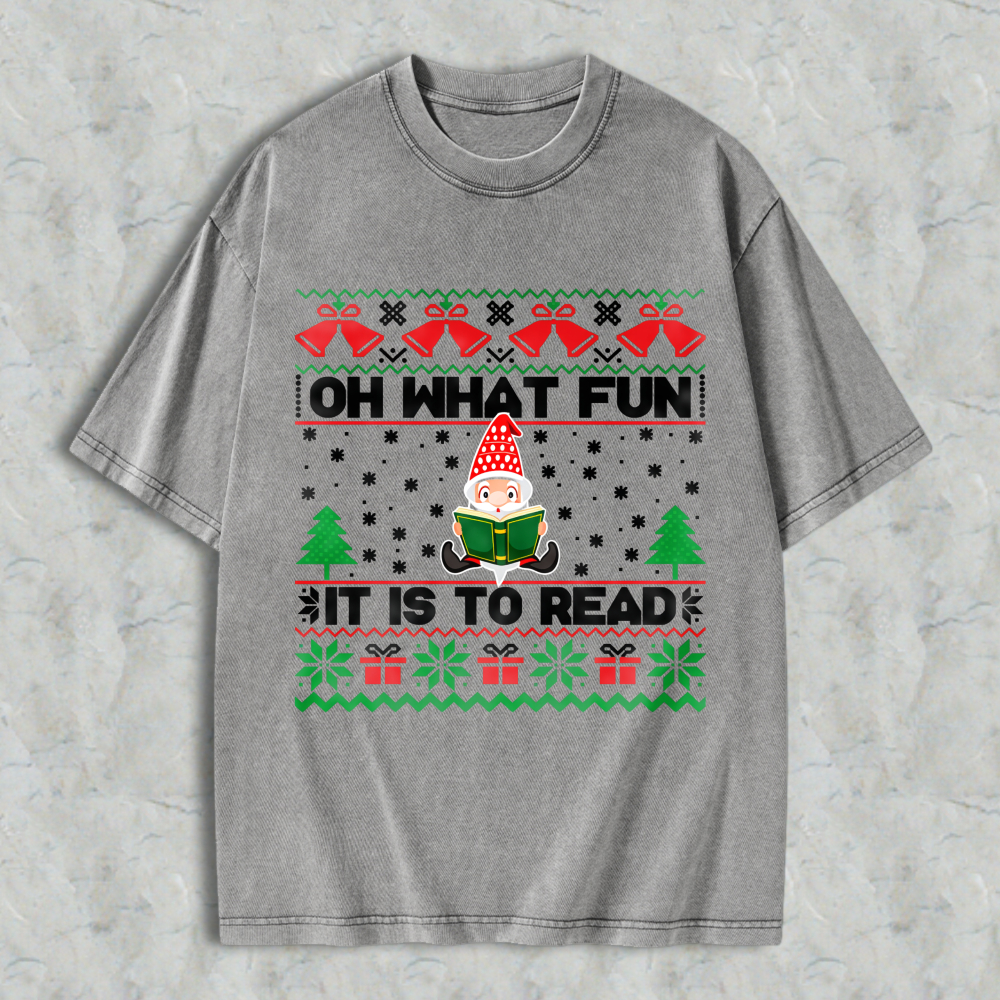Wardrobecart Christmas Elf Reading Book With Trees And Gifts Pattern Unisex Washed T-shirt