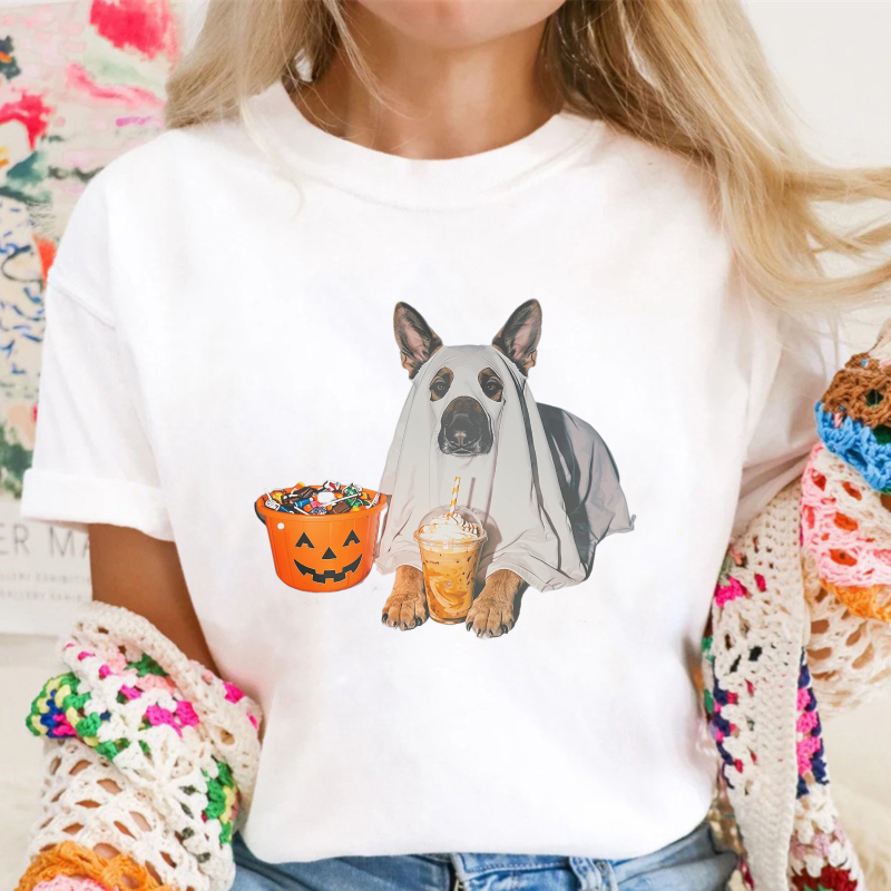 Halloween Dog In Ghost Costume With Pumpkin Candy Bucket And Drink, Unisex Classic T-shirt