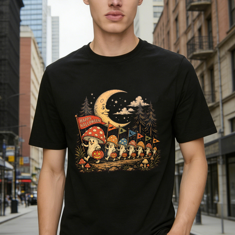 Cute Mushroom Ghosts Halloween Parade Under Crescent Moon, Unisex Classic T-shirt