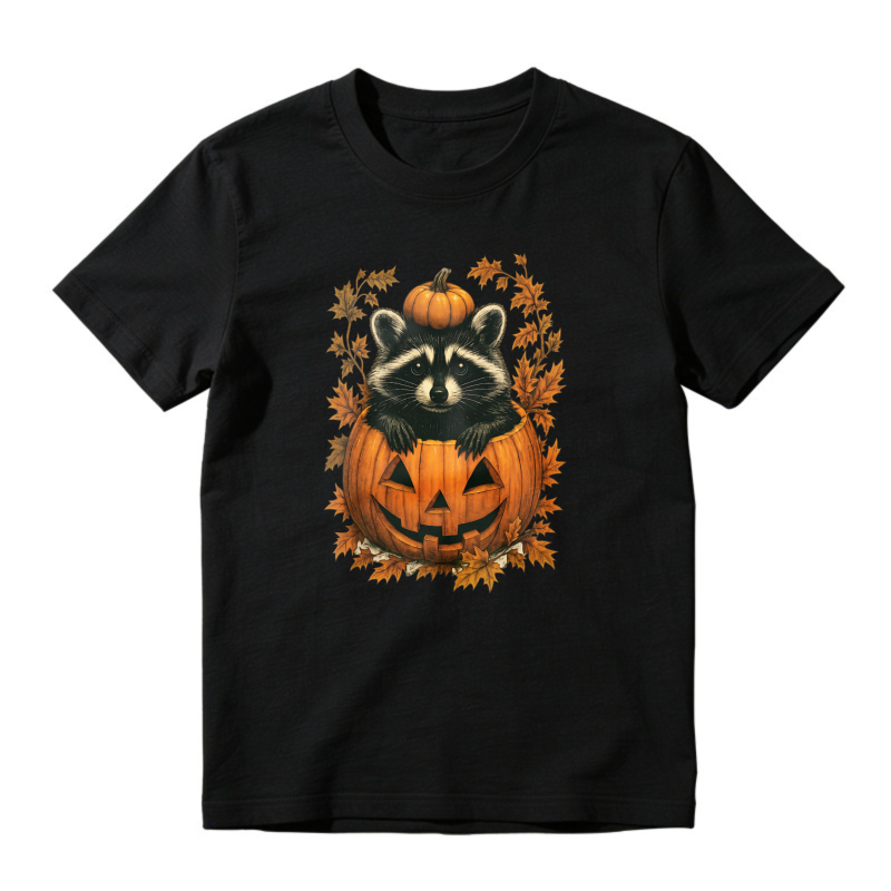 Cute Raccoon In Jack O Lantern Pumpkin With Autumn Leaves, Unisex Classic T-shirt
