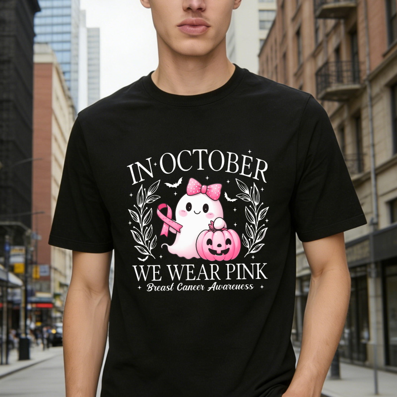 In October We Wear Pink Breast Cancer Awareness Cute Ghost Pumpkin Unisex Classic T-shirt