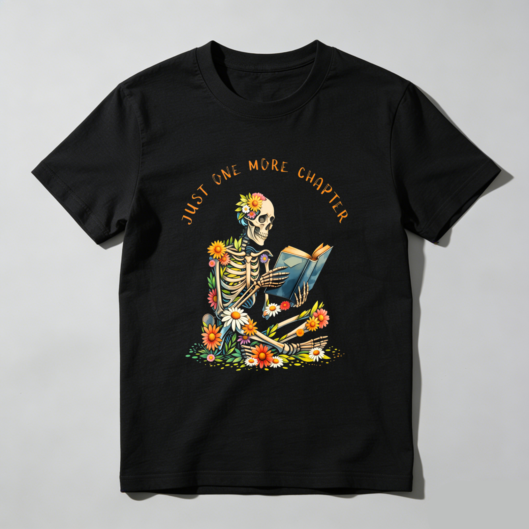 Wardrobecart Skeleton Reading Book With Flowers Tshirt