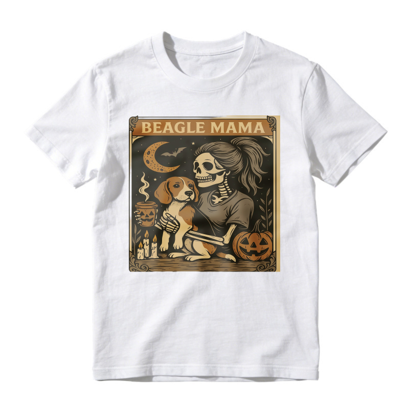 Skeleton Woman Holding Beagle Puppy, Halloween Pumpkin Moon Gothic Art, Beagle Mama, Unisex Classic T-shirt