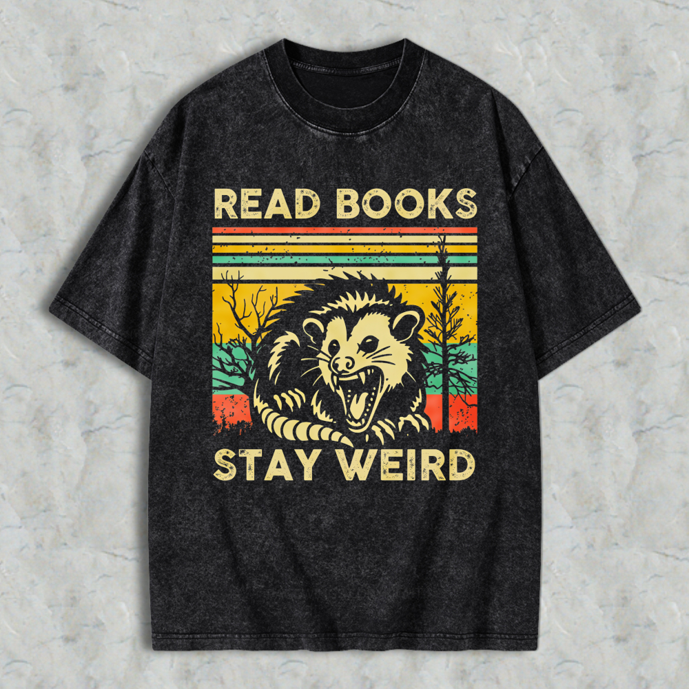 Wardrobecart Read Books Stay Weird Opossum Vintage Design Unisex Washed T-shirt