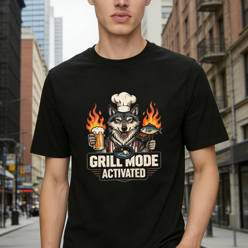 Wolf Chef Holding Beer And Fish With Flames Grill Mode Activated Unisex Classic T-shirt