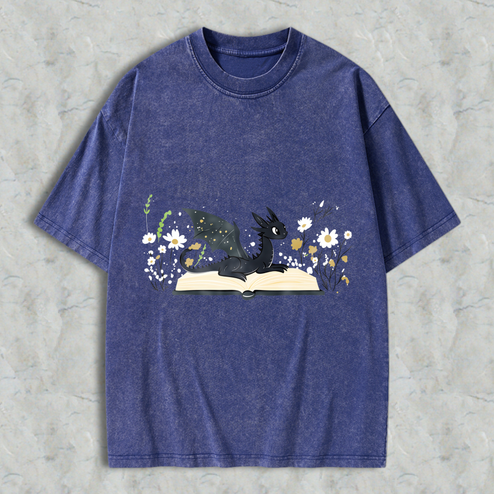 Wardrobecart Dragon Reading Book With Flowers Unisex Washed T-shirt