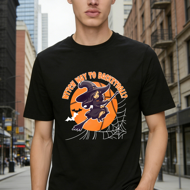 Witch Way To Basketball Halloween Witch Flying On Broomstick Over Orange Moon With Spiderweb And Bats Unisex Classic T-shirt