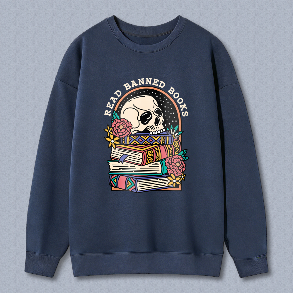 Wardrobecart Skull And Books With Flowers Pattern Unisex Classic Sweatshirt