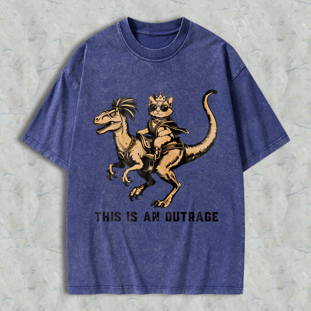 Wardrobecart Cat Riding Dinosaur With Crown And Sunglasses Unisex Washed T-shirt