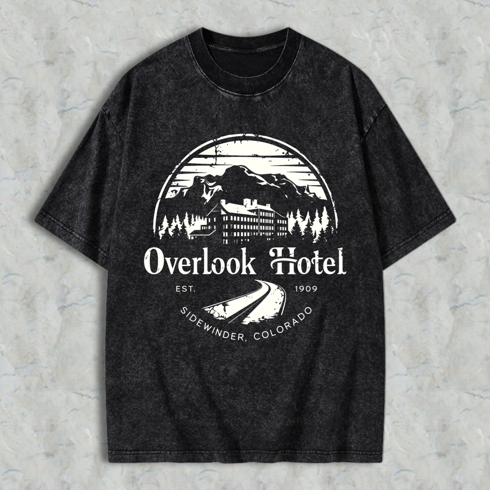 Wardrobecart Overlook Hotel Mountain Scene With Trees And Building Design Unisex Washed T-shirt