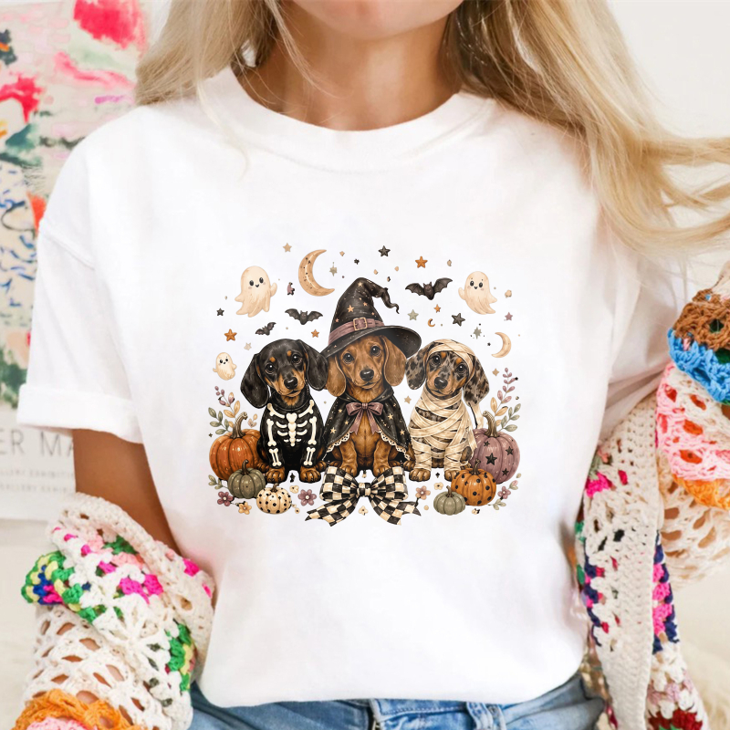 Halloween Dachshund Puppies In Costumes With Pumpkins And Ghosts, Unisex Classic T-shirt