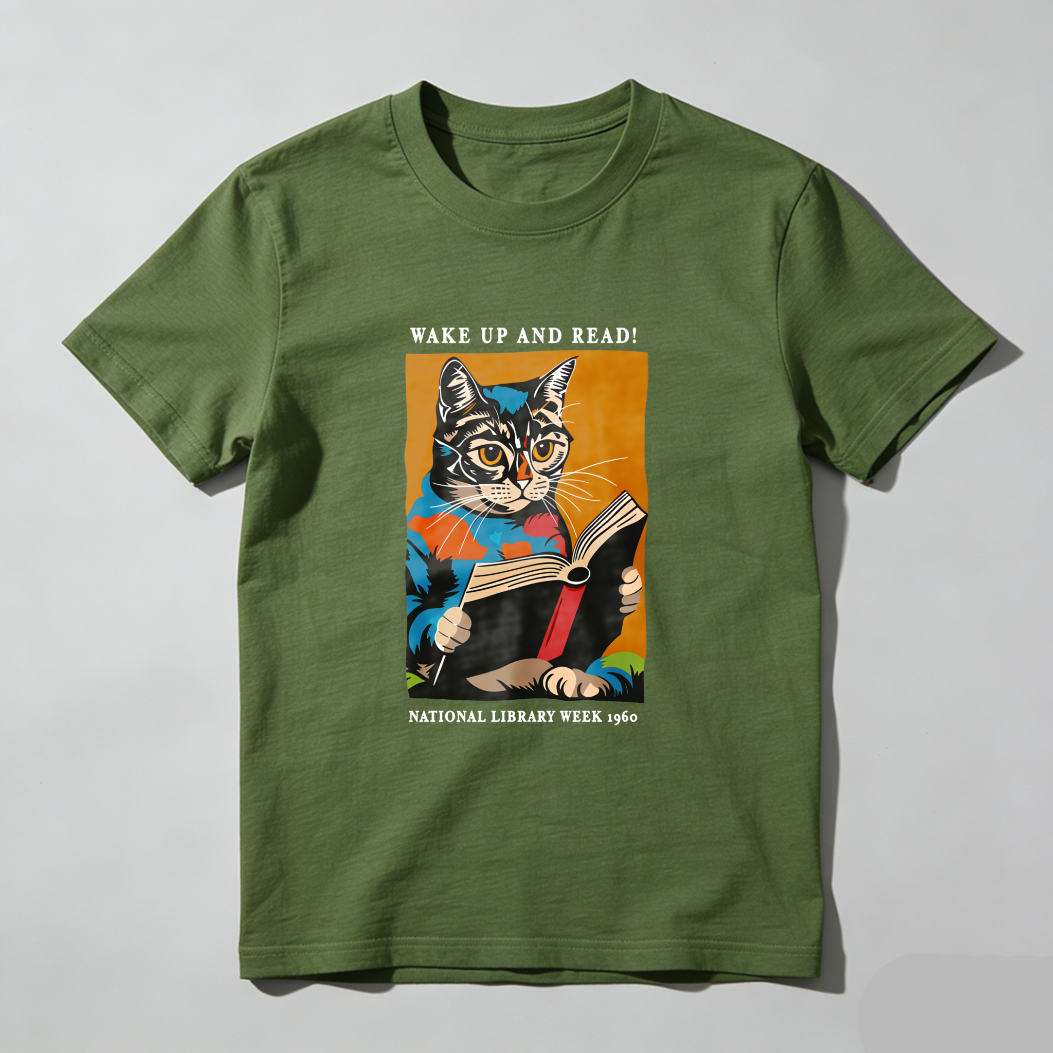Wardrobecart Wake Up And Read Cat Reading Book Tshirt