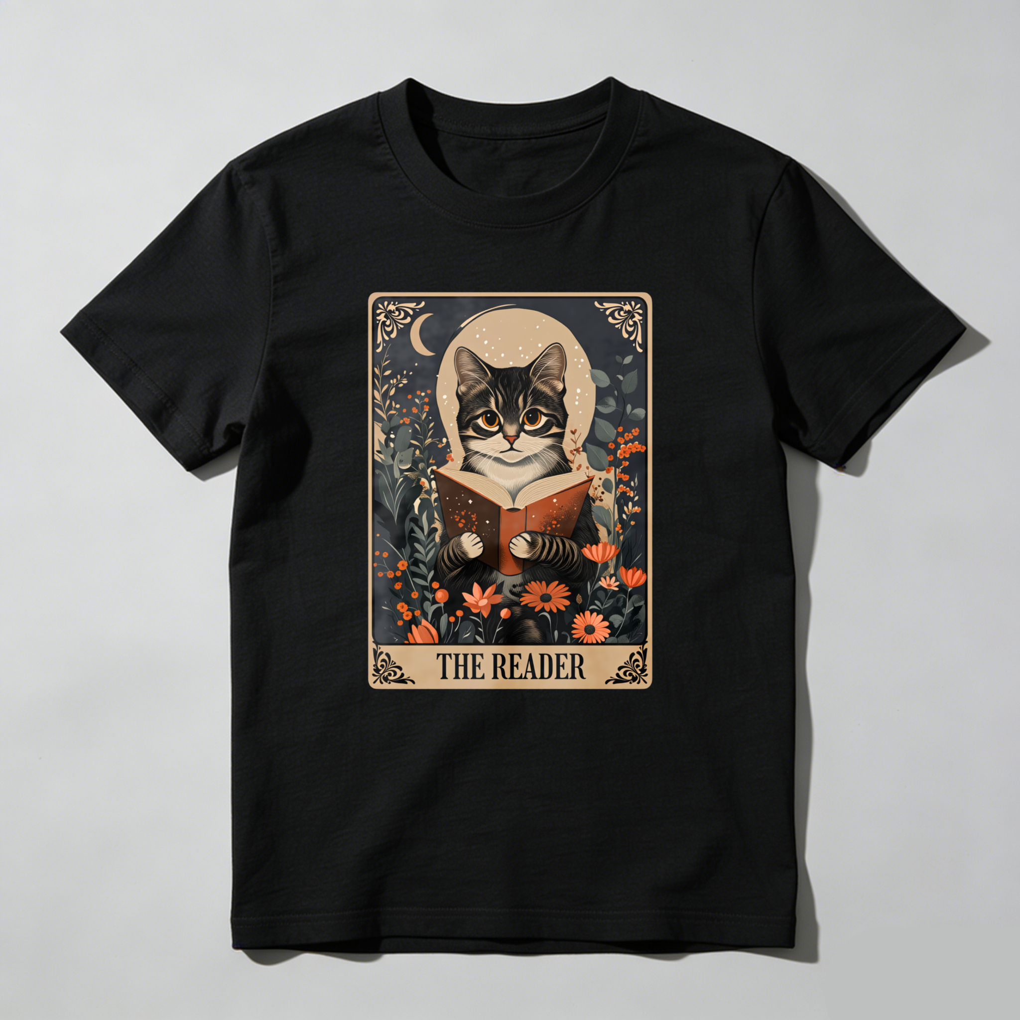 Wardrobecart Cat Reading Book Floral Moon Design Tshirt
