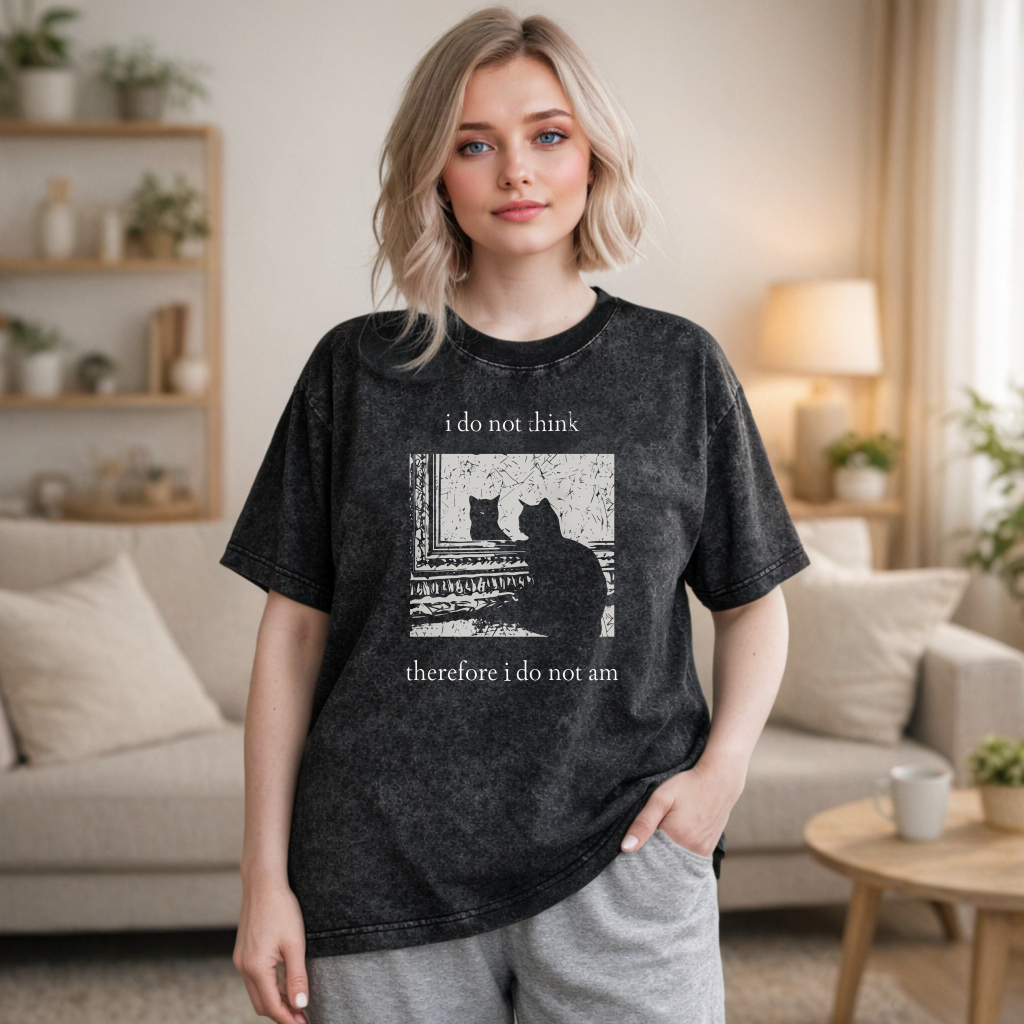 Wardrobecart Cat Silhouette Window Scene I Do Not Think Therefore I Do Not Am Unisex Washed T-shirt