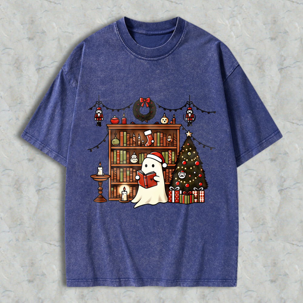 Wardrobecart Ghost Reading Book Christmas Tree Bookshelf Decor Unisex Washed T-shirt