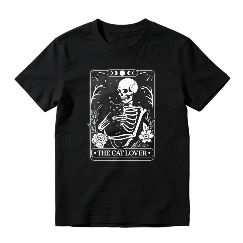 Skeleton Holding Black Cat, The Cat Lover, Moon Phases And Flowers, Unisex Classic T-shirt
