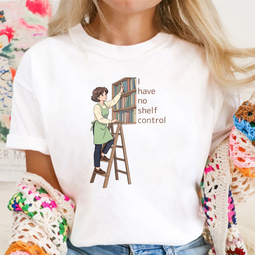 Wardrobecart Woman On Ladder Reaching Bookshelf With Text I Have No Shelf Control Unisex Classic T-shirt