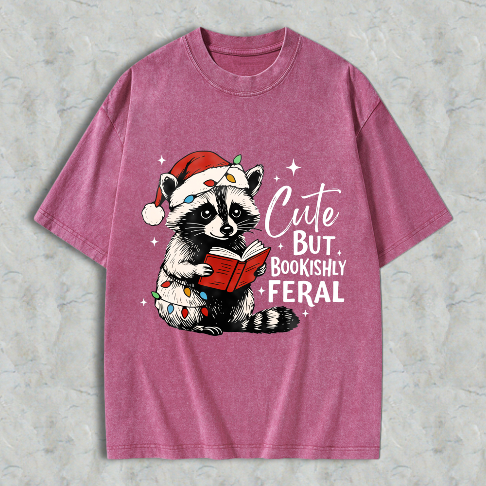 Wardrobecart Cute But Bookishly Feral Raccoon Reading Christmas Book Unisex Washed T-shirt