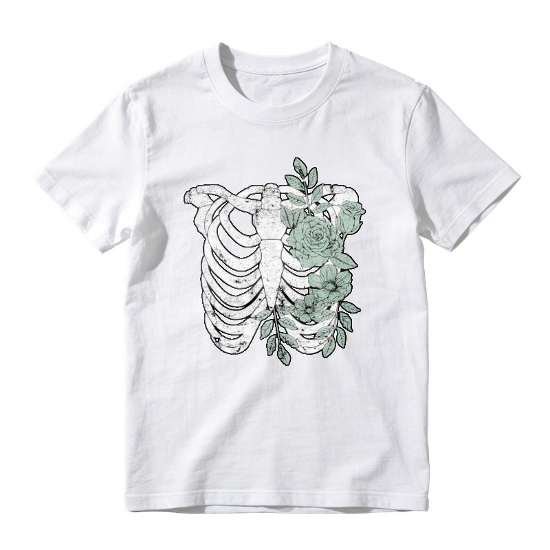 Rib Cage With Roses And Leaves Floral Skeleton Graphic T-shirt