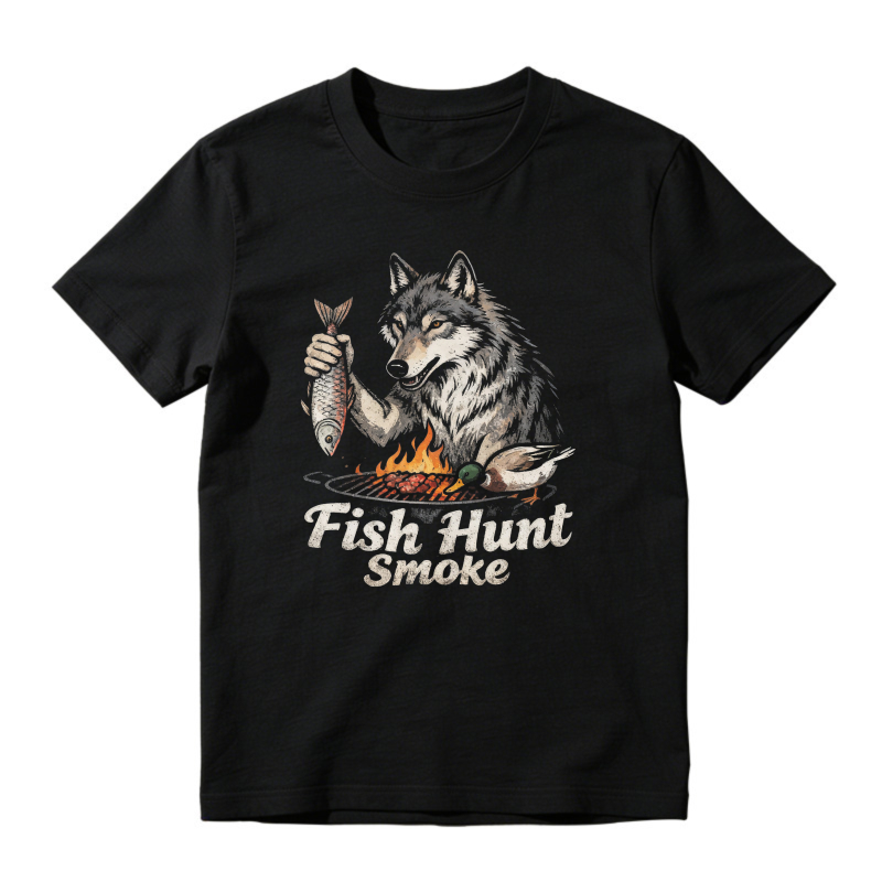 Wolf Holding Fish Over Campfire Grill With Bird And Text Fish Hunt Smoke Unisex Classic T-shirt