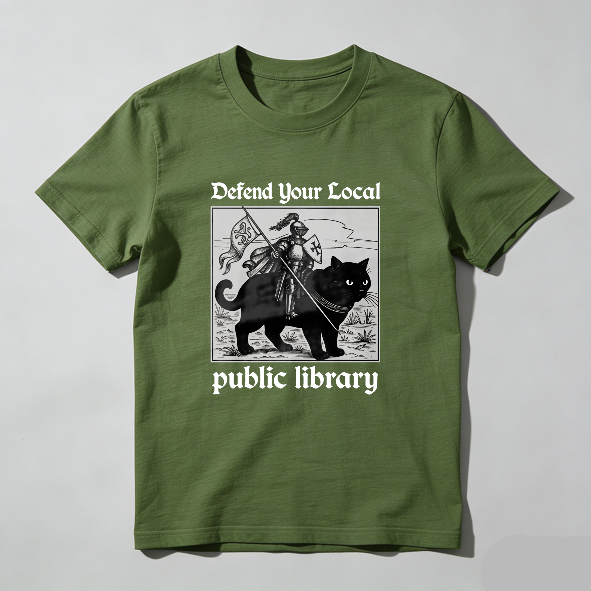 Wardrobecart Defend Your Local Public Library Cat Knight tshirt