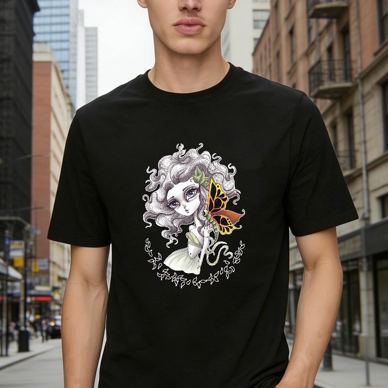 Whimsical Girl With Butterfly And Floral Vine Art, Unisex Classic T-shirt