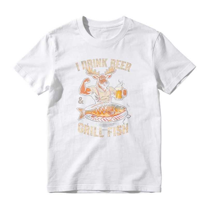 I Drink Beer And Grill Fish Moose With Beer Mug And Grilled Fish Unisex Classic T-shirt
