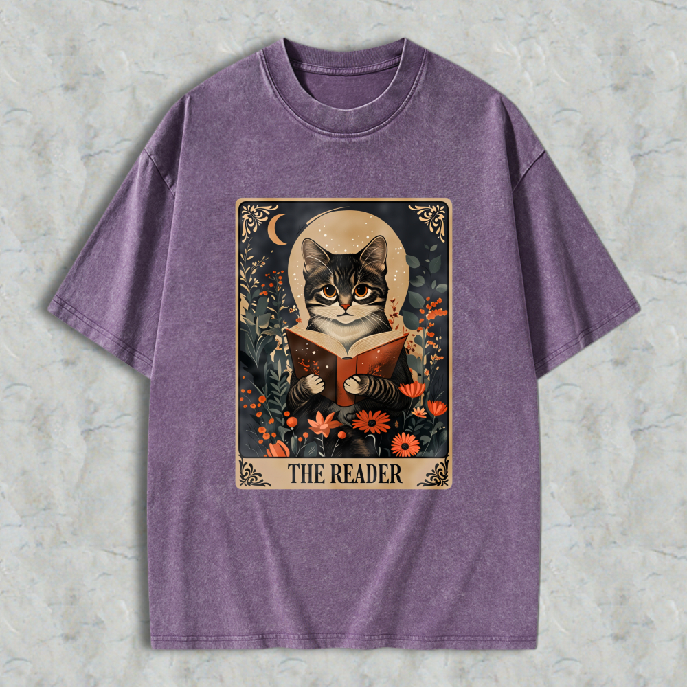 Wardrobecart Cat Reading Book With Flowers And Moon The Reader Unisex Washed T-shirt
