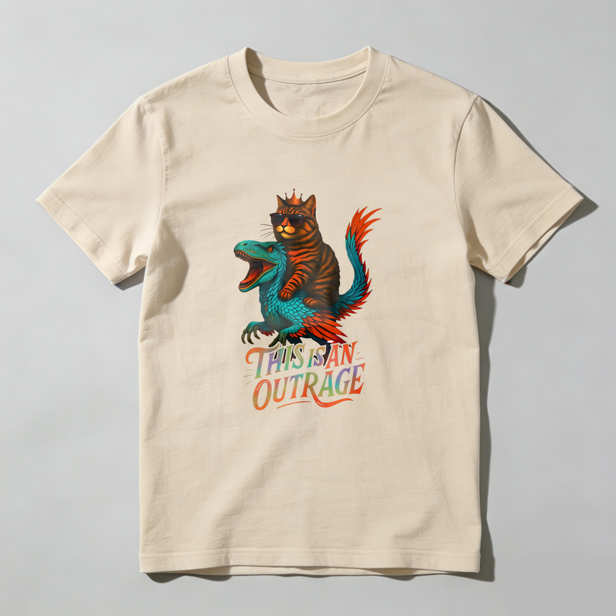 Wardrobecart Cat Riding Dinosaur This Is An Outrage Tshirt