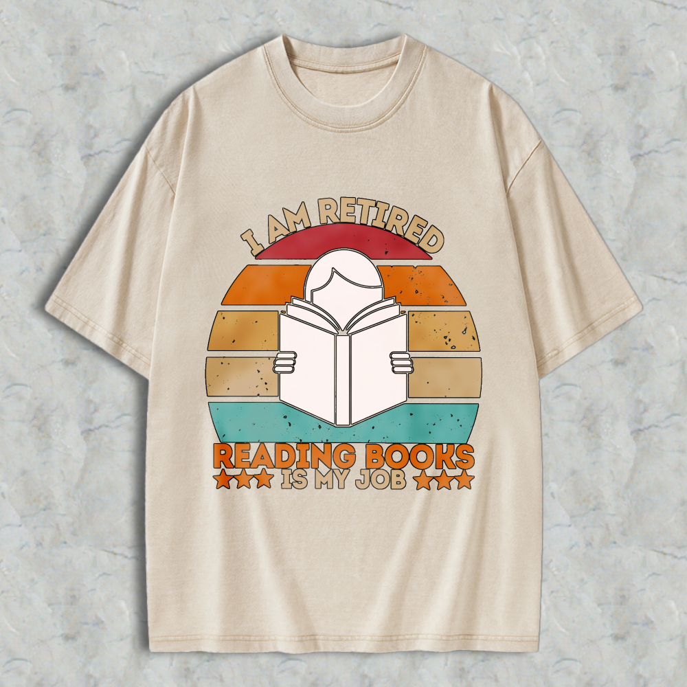 Wardrobecart I Am Retired Reading Books Is My Job Vintage Sunburst Design Unisex Washed T-shirt