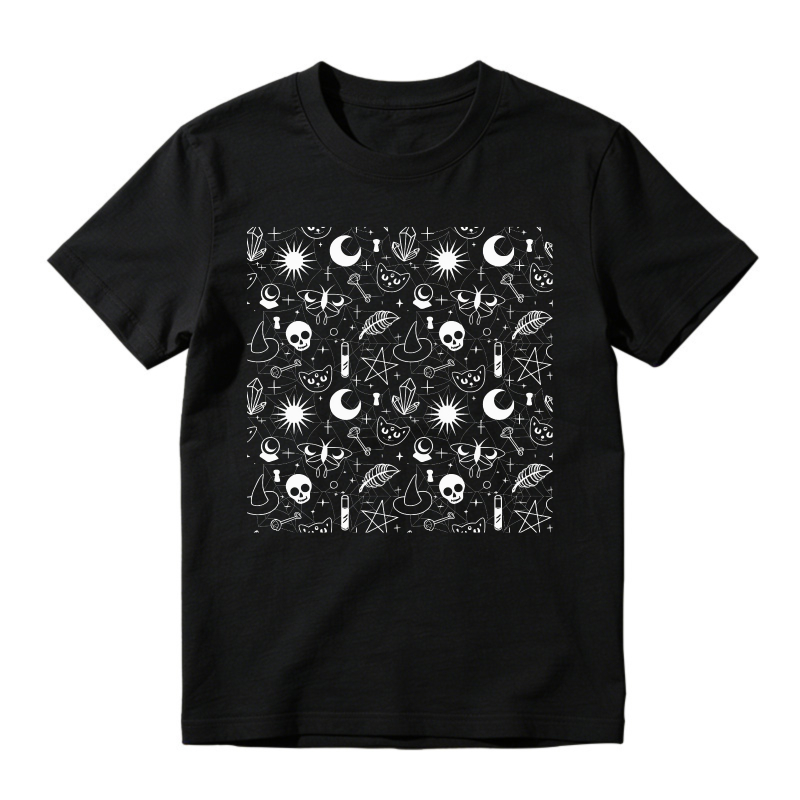 Mystic Symbols Skulls Moons Stars Pattern, Unisex Classic T-shirt