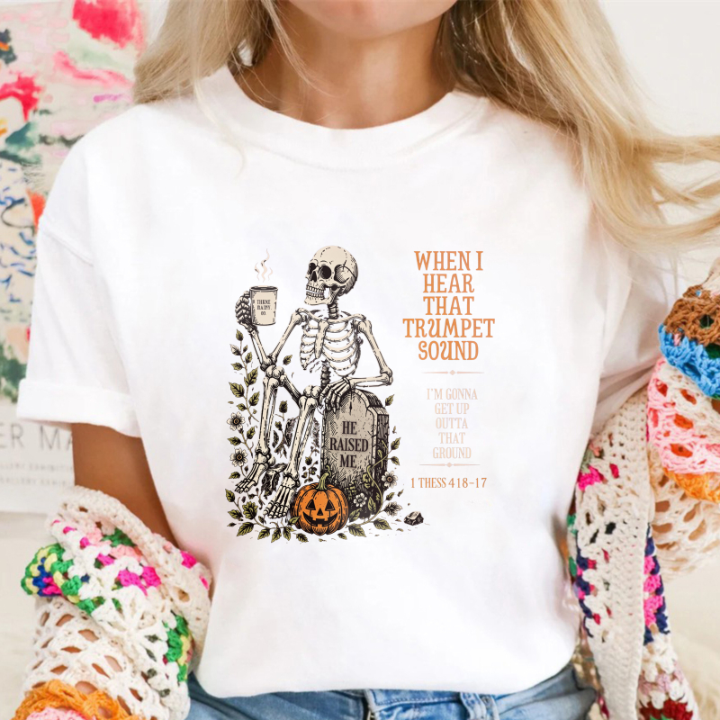 Skeleton Sitting On Tombstone With Coffee Cup And Pumpkin Halloween Humor Unisex Classic T Shirt
