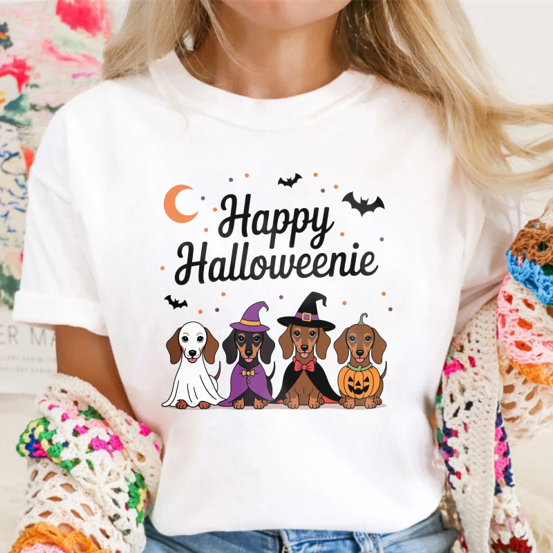 Happy Halloweenie Dachshund Dogs In Ghost Witch And Pumpkin Costumes, Unisex Classic T-shirt